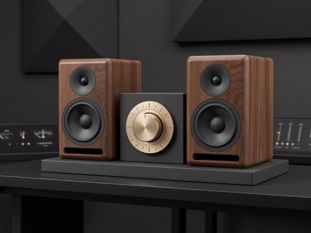 Soft-lit 3D acoustic reference monitors and champagne calibration dial