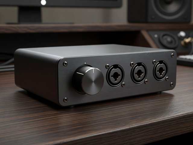 Softly lit 3D desktop audio interface with large volume knob and XLR input jacks