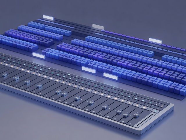 Soft-lit 3D render of audio bus channels, MIDI piano roll bars, and timecode counters