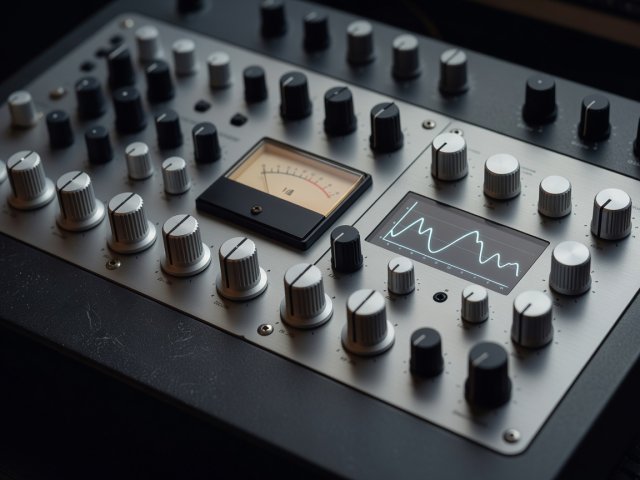 Softly lit 3D stepped rotary attenuators, VU needle meter, and parametric filter curve
