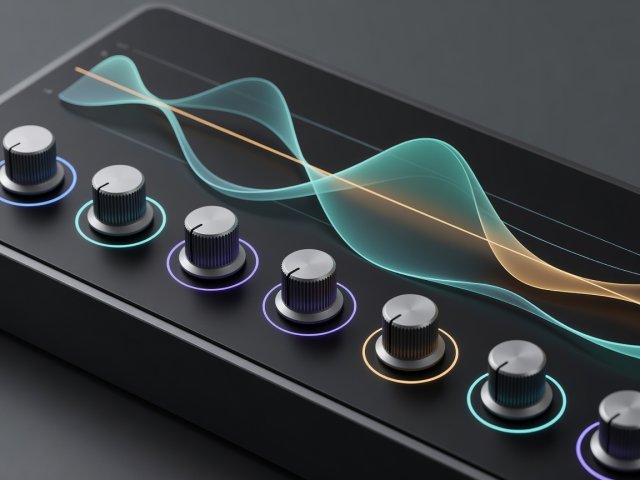 Soft-lit 3D render of synthesizer rotary cutoff knobs, modulation rings, and harmonic wavetable contours