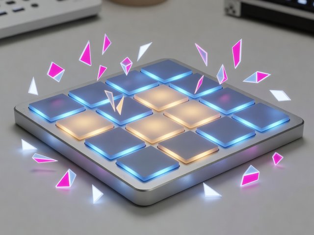 Soft-lit 3D velocity-sensitive drum pads and sliced audio transient markers
